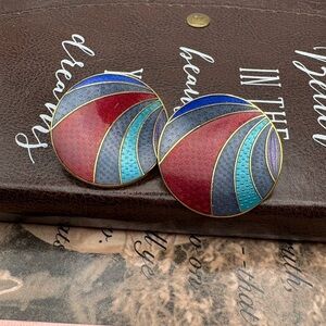 Vintage 80s 90s Colorblock Enamel Disc Earrings Gold Tone Statement